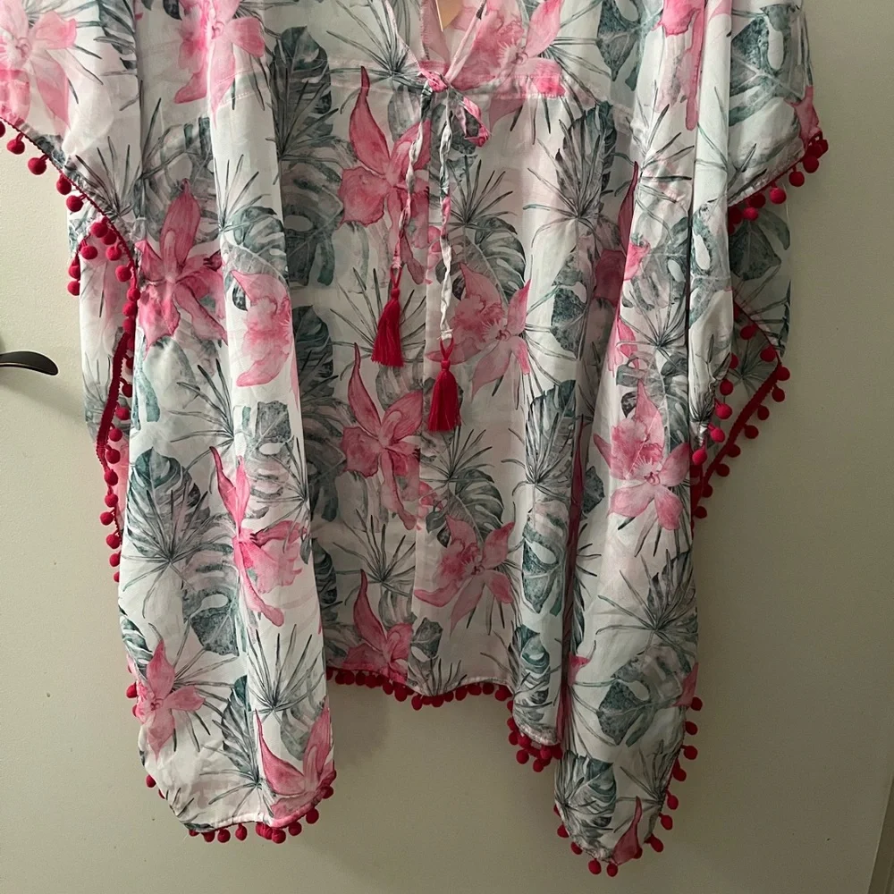 Tropical Floral Kimono/coverup with Pom Pom fringe